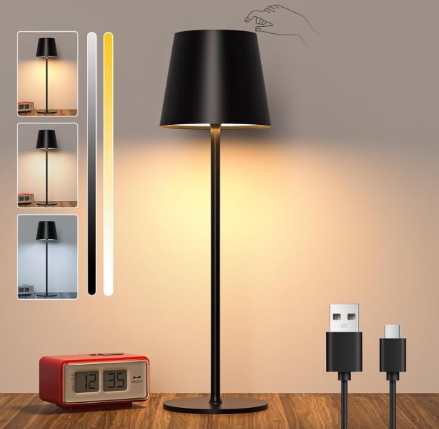 Lámparas LED de Mesita de Noche Color Negro para Dormitorio sin Cables I Lámpara Táctil de Mesa de Lectura Recargable I 3 Modos de Luz con Brillo y Altura Ajustable. con descuento