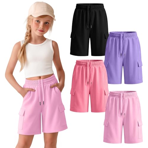 JoyMotion Girls Cargo Bermuda Shorts - 4 Pack, 4 Colors, Ages 11-12