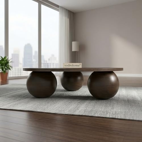 Image of Solid Mango Wood Modern - Round Coffee Table with Ball Shape Base - Bohemian Solid Wood Coffee Table for Office and Living Room C#058 (Walnut)
