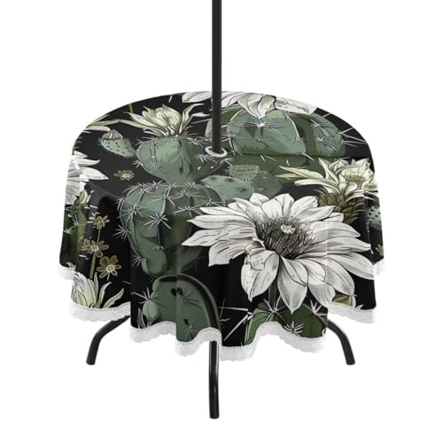 Wajiw 60 Inch Indoor Outdoor Round Tablecloth with Umbrella Hole and Zipper Waterproof Patio Table Cover for Camping Dining Room Party Outdoor Picnic,Cactus