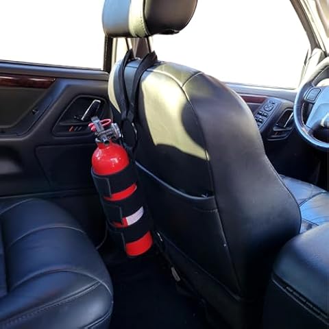 Badass Moto Car Fire Extinguisher Mount Truck SUV. Universal Automotive Fire Extinguisher Mount for Vehicle Car Seat. Fits Jeep Fire Extinguisher Holder, Quick-Strap Easy Install, No Tools Needed. Cover
