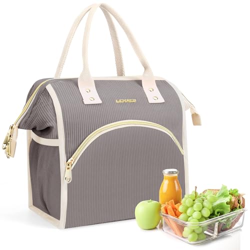 LOKASS Lunch Bag Women Insulated Lunch Box Wide-Open Lunch Tote Bag Large Cooler Bag for Work Picnic Hiking Beach（Dark Gray）