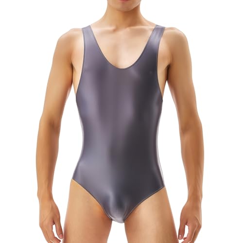 Combinaison intégrale pour homme aspect huileux et brillant, justaucorps sans manches col U brillant, combinaison de danse extensible unie et scintillante,...
