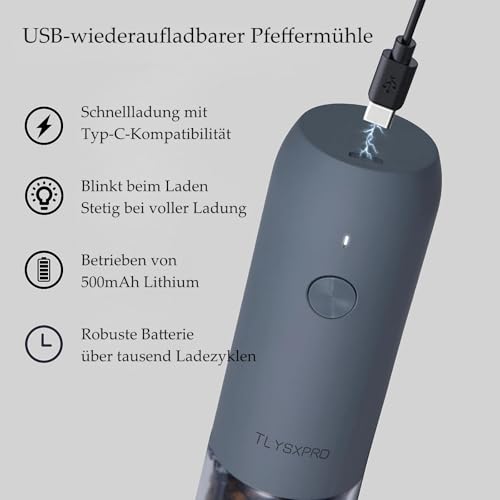 TLYSXPRO Salz und Pfeffermühle Elektrisch 2er Set, USB Wiederaufladbar, Einstellbarer Grobheit Gewürzmühle… – Ansicht 5