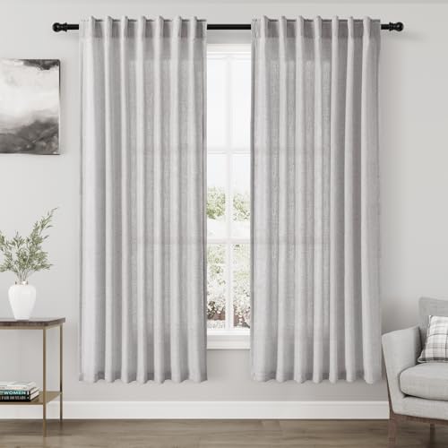Image of Nanspring Grey Linen Semi Sheer Curtains 72 Inches Long 2 Panels Set for Bedroom Back Tab Rod Pocket Light Filtering Drapes Cotton Textured Grey Farmhouse Living Room Curtain 52X72 Inches