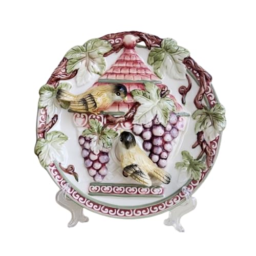 Minigift Ceramic Collections Plate, 3D Hand Painted Grape and Birds Decorative Tray with Display Stand -8
