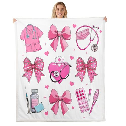 feelingyou Manta de franela de forro polar con lazo, alfombra de cama temática del día de la enfermera para cama, sofá, 40 x 50 pulgadas, manta de felpa con estampado de corazones lindos, regalos de