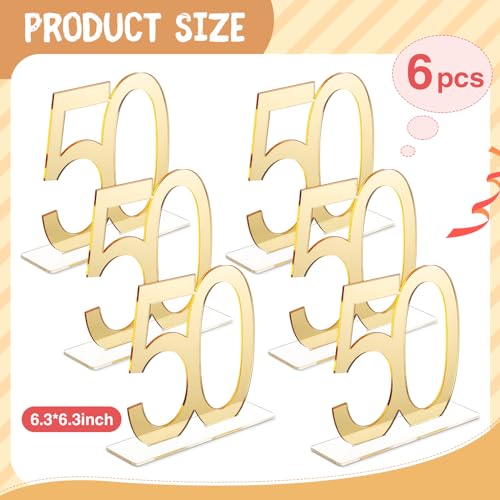 Image of Threehoney 6 Pcs Mirror Gold 50th Birthday Decorations for Men and Women Acrylic Anniversary Decorations Table Numbers Centerpieces for Birthday Party