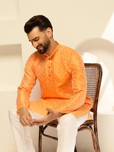 Image of SOJANYA (Since 1958 Men's Jacquard Silk Woven Motifs Kurta With White Pyjama