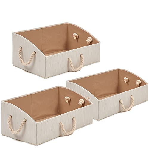 Image of EZOWare Set of 3 Large Storage Bins Foldable Fabric Trapezoid Organizer Boxes with Cotton Rope Handle, Collapsible Basket for Closet, Clothes, Diaper - Beige