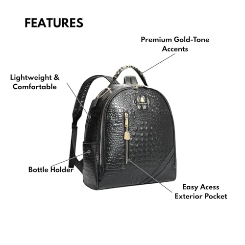 Image of Tote&Carry Apollo BFF Backpack for Women, Vegan Leather, Water-Resistant, Carry-On Luggage for Travel, Work & Daily Use (Alligator Skin, Black)