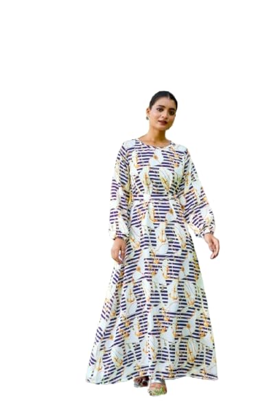 Multicolor Nida Fabric No Transparency A-LINE Abstract Print Bishop Sleeves with Elastic Cuffs with Belt Gown-image-23