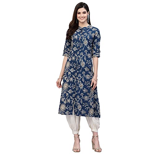 Image of Stylum Women's Aqua Floral Printed Rayon A-Line Kurta | Comfortable Daily Office & Casual Wear (Available in Plus Sizes)