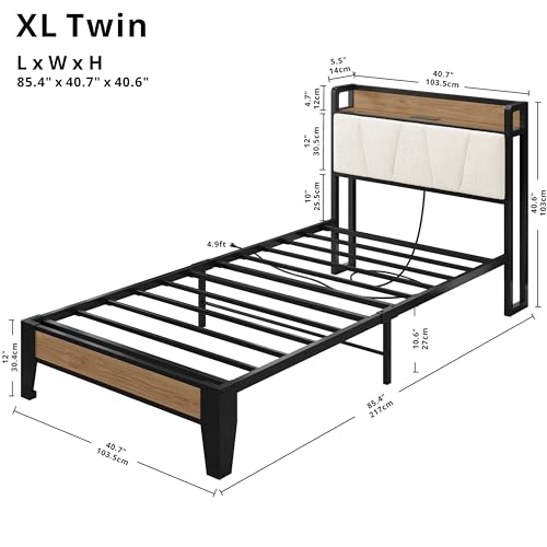 LIKIMIO Twin XL Bed Frames, Storage Headboard with Charging Station, Solid and Stable, Noise Free, No Box Spring Needed, Easy Assembly, Wood and Cream