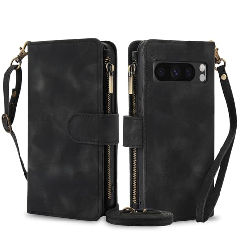 Coque portefeuille Google Pixel 8A en cuir noir de haute qualité avec bandoulière