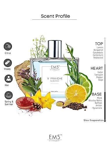 Image of EM5 V Fraiche Perfume for Men | Citrus Aromatic Woody | Day & Night Eau de Parfum | Strong and Long Lasting Spray | Luxury Gift for Him