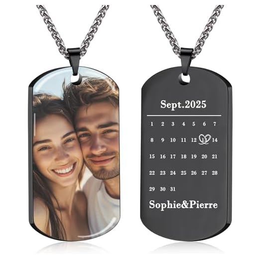 BEXOA Collier Personnalisé Photo Gravée Pendentif Plaque Militaire Dog Tag Gravure Prénom Texte Date Cadeau Homme Femme (Noir – Calendrier UV)