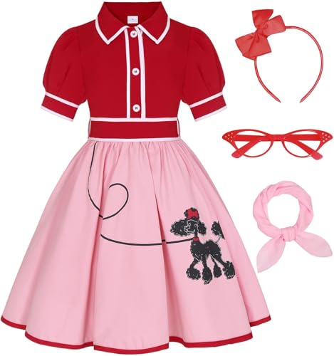 Costumerry 50s Outfit for Girls 50s Costume Girls Poodle Skirt Sock Hop Halloween Party Dress Up (6-8 Years)