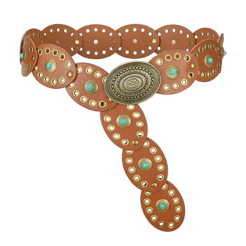 TRIWORKS Western Belts for Women Wide Cowgirl Disc Belt with Turquoise Boho Concho Leather Belt Country Belt for Dress Brown