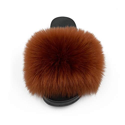 Image of Women's Faux Fur Slides Slippers Fluffy Fuzzy Sandals Open Toe Furry Slide Flip Flop Indoor Outdoor