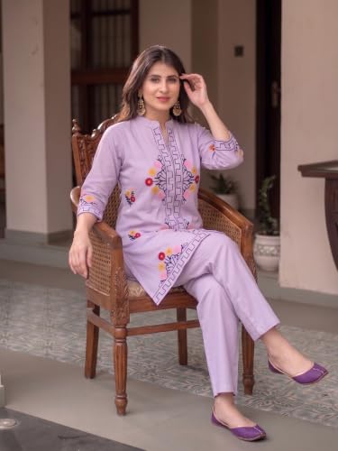 Image of ANNI Designer Women Kurta Set | Cotton Embroidered A-Line Kurta with Pant Co-ord Set | 3 /4 Sleeve Mandarin Collar Kurti Set for Women | Daily Office Party Wedding Ethnic Suit