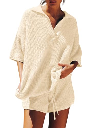 Image of Tankaneo Womens Sweater Set 2 Piece Outfits Oversized 3 /4 Sleeve V Neck Knit Tops High Waisted Shorts Lounge Sets