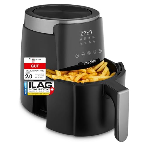 MEDION P40 L Heißluftfritteuse (4,7 Liter, Airfryer, 1500 Watt, einfache Bedienung, ölfreies Frittieren, 60 Min Timer, bis zu 200° C, Antihaft-Beschichtung, MD13030) schwarz