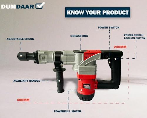 Image of Inditrust Dumdaar 7kg Electric Demolition Hammer, (RED) 100% copper winding 1500W, 360 Rotating Handle, with Anti vibration control handle, 2900 RPM