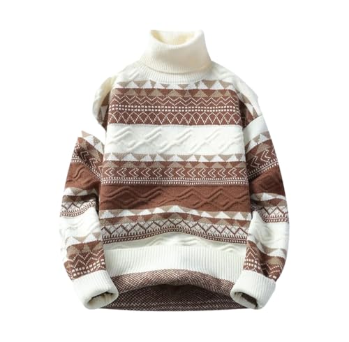 Men's Winter Fashion Patchwork Knitted Turtleneck Sweater Casual Loose Warm Pullover