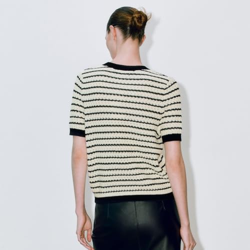 Image of URBAN REVIVO Women's Short Sleeve Sweaters Crewneck Knit Tops Casual Striped 2025 Trendy Soft Summer Blouses