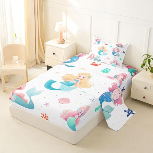 Image of jejeloiu Mermaid Bed Sheets Set Twin Size Mermaid Tail Deep Pocket Fitted Sheet Sea Animal Bedding Sets Ocean Theme Soft Bed Set 3Pcs with 1 Pillow Cases