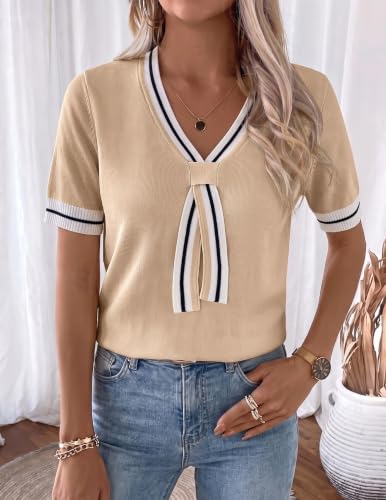Image of Libsorge Womens Lightweight Cute Bow Tie Sweater Spring 2026 Business Casual Outfits V Neck Short Sleeve Tops