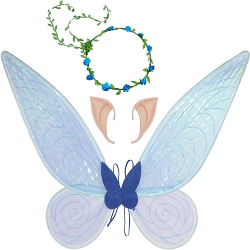 Feenflügel Kostüm, Damen Mädchen Schmetterlingsflügel Elfenflügel mit Elfenohren Blumenkranz Halloween Kostüm Zubehör Karneval Fee Party Schmetterling Kostüm Feenkostüm für Kinder