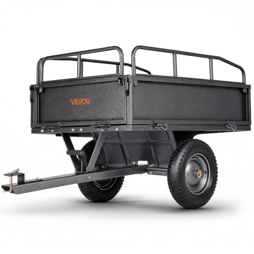 VEVOR 10 Cu.Ft. & 500lbs ATV Trailer Dump Cart Tow Behind, Heavy Duty Utility UTV Trailer, Tow Behind Steel Yard Dump Wagon Cart with 14" Tires for Lawn Mower Tractor