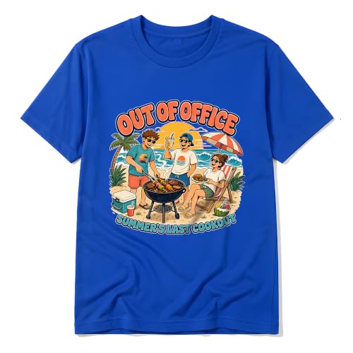Out of Office Labor Day T-Shirt | Summer's Last Cookout Beach BBQ Cartoon Graphic Tee | End of Summer Long Weekend Gift | Royal Blue | Small