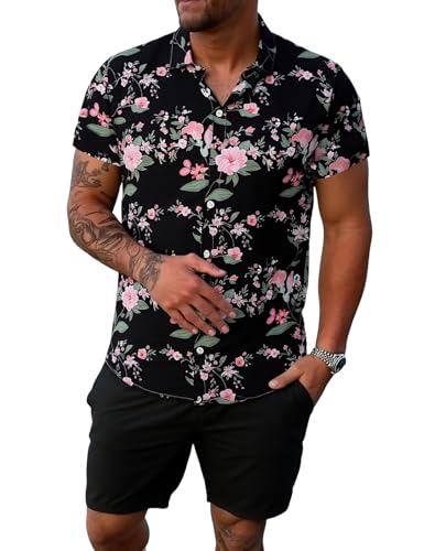 Image of Yimoon Men's Summer 2 Piece Outfits Tropical Print Short Sleeve Button Down Hawaiian Beach Shirt and Shorts Set
