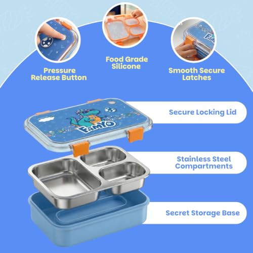 Image of Famyo Bento Lunch Box for Kids, Rexy Dino | Leakproof, Stainless Steel, 3 Compartment, 4 Clip Lock & Secret Compartment, BPA Free
