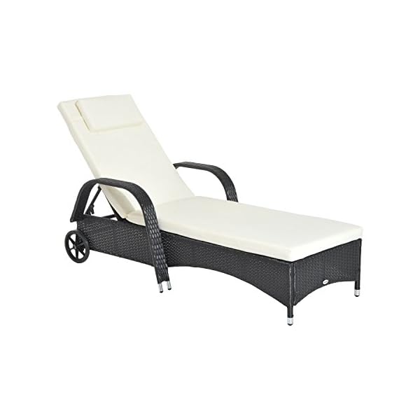 Outsunny Garden Rattan Furniture Single Sun Lounger Recliner Bed Reclining Chair Patio Outdoor Wicker Weave Adjustable Headrest with Fire Retardant Cushion