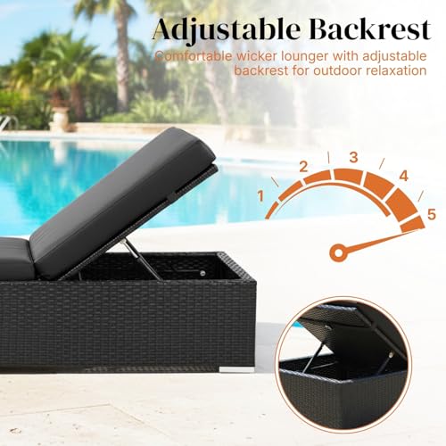 Image of DEVOKO Outdoor Rattan Wicker Sun Lounger Recliner for All Weather Comfort with Durable Metal Frame Ideal for Garden, Deck, Lawn, Poolside (Black)