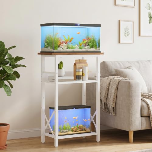 Image of HOOBRO 10 Gallon Aquarium Stand, 3-Tier Fish Tank Stand with Storage, Reptile Turtle Tank Stand with Metal Frame, 20.5 inch L x 11 inch W, Walnut and White WH52FT01