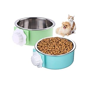 2 Pack Dog Crate Water Bowl No Spill, 2-in-1 Plastic Bowl & Stainless Steel Pet Bowl, Removable Kennel Water Bowl for Pet Small Dogs, Hanging Cage Bowls for Puppy Cat Bird Rat Rabbit