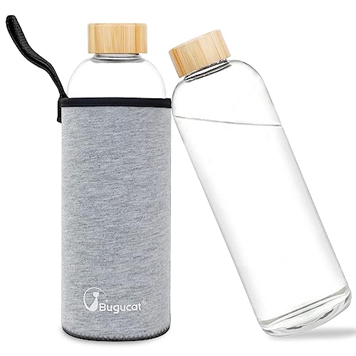 Bugucat Trinkflasche 1 Liter, Glas aus Borosilikat mit Schutzhülle, Auslaufsichere Wasserflasche für kalte & heiße Getränke, Grau