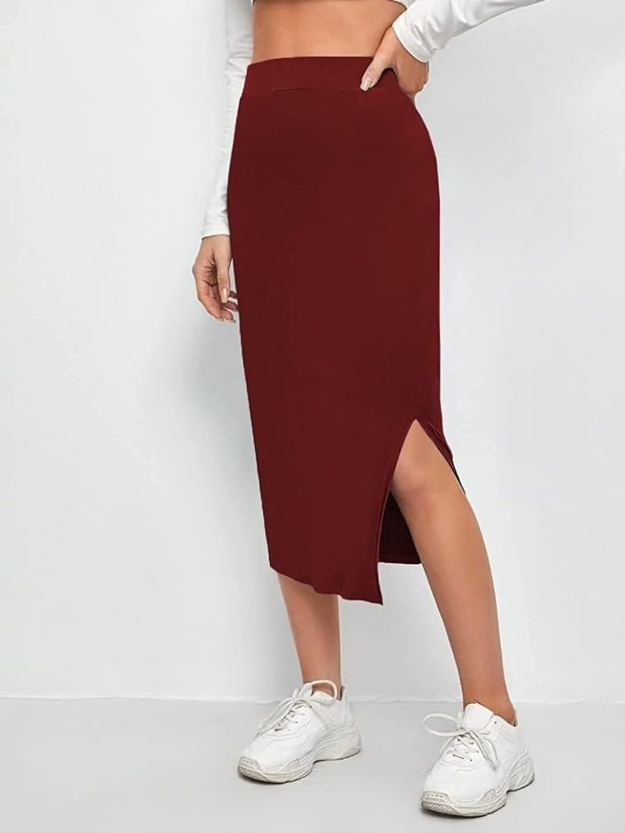 Image of Women's High Waist Bodycon Midi Skirt with Side Slit | Stretchy Pencil Skirt for Office, Casual Below Knee Length Elegant Slim Fit Skirt for Women