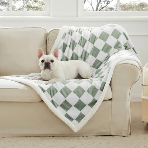 Ohocut Checkered Dog Blanket, Sage Green Jacquard Sherpa Blankets...