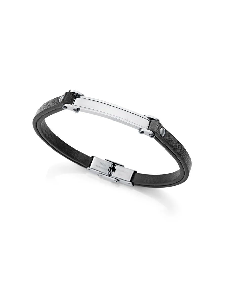 Viceroy Pulsera Hombre de Acero y Piel Negra con Placa Central Estilo Magnum, Largo 21.5 cm, Ref. 75379P01010