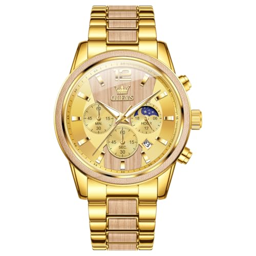 Image of OLEVS Men Watch Blue Gold Analog Quartz Stainless Steel Waterproof Luminous Date Luxury Casual Watch