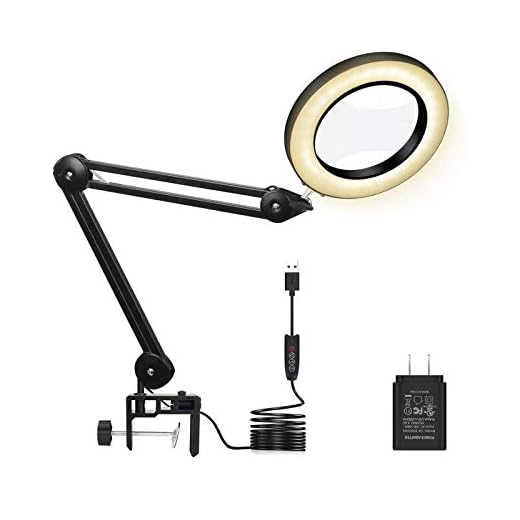 Magnifying Glass Desk Lamp with Clamp - Yellow Warm White Lighted 5X Magnifier Lens with Adjustable Swivel Arm for Reading Rework Craft Workbench (Long Arms)
