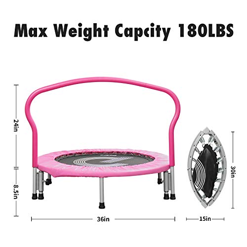 pelpo 38\" Folding Mini Trampoline, Safety Pad Rebounder with Foam Handle, Play Exercise Bounce for 3-6 Years Kids Toddler Indoor Max Load 180lb, Pink