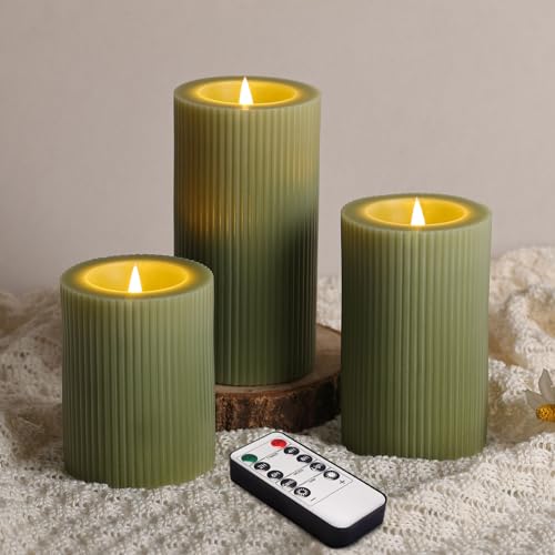 Velas de cera LED verde oliva con control remoto y llama móvil parpadeante