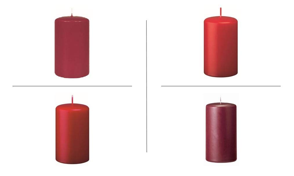 Stumpenkerzen Farbsystem B in der Größe 120/60 mm (H x D), 16 Stück (je 4 Kerzen in der Farbe rot - Erdbeere - rotbraun - Bordeaux)
